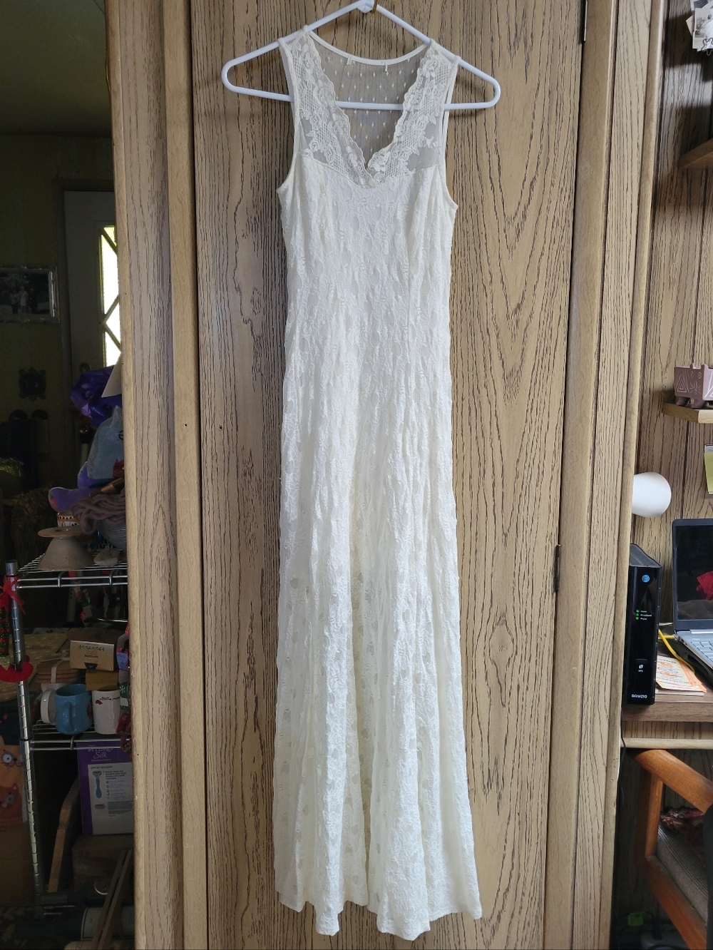 VTG Monteau Y2K Dress Sheer Lace Mesh Slip Waif Prom Fairy Boho Coquette Ivory S